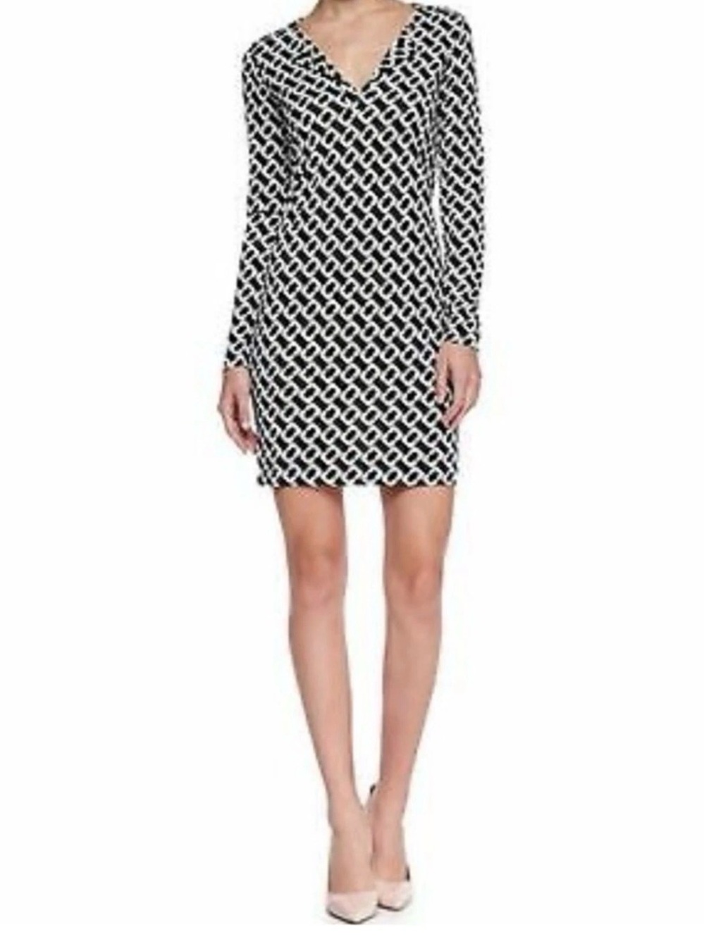 Diane Von Furstenberg Reina Silk Chain Link Shift Dress Black White Size 4